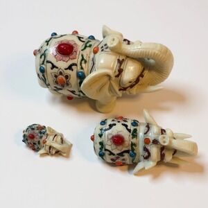 Vintage Elephant Figurines Set of 3 Tusk Up Floral Carved Animal Statues
